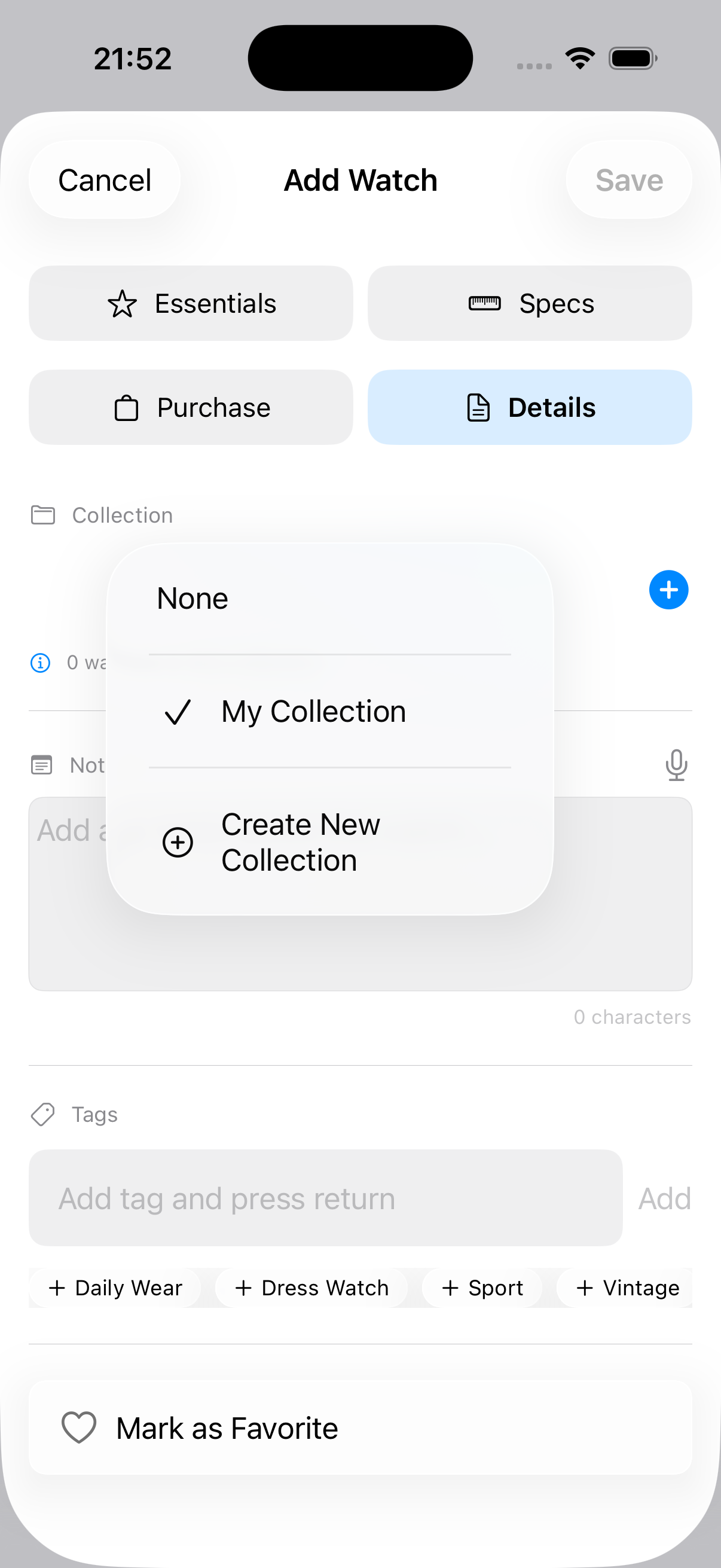 Horology Vault collections screen
