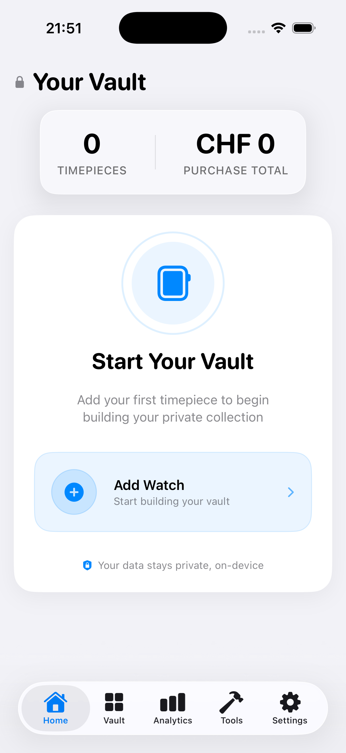 Horology Vault home screen